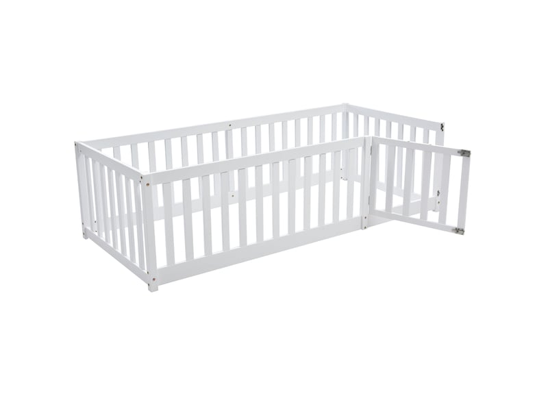  Lit enfant 90x200 au sol avec barrière et porte - cadre en bois massif blanc  - Conforama A