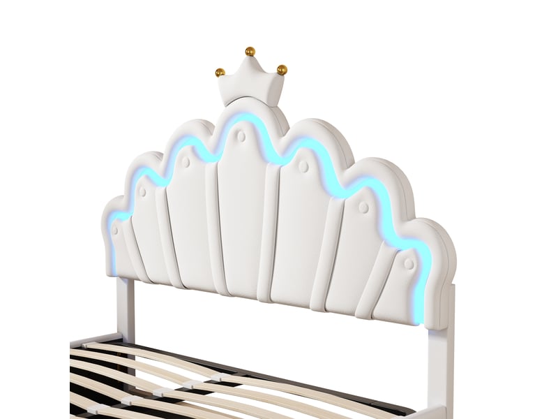 Lit double 140x200cm, lit coffre avec espace de rangement, tête de lit réglable, led et sommier, pu blanc,sans matelas - Conforama E