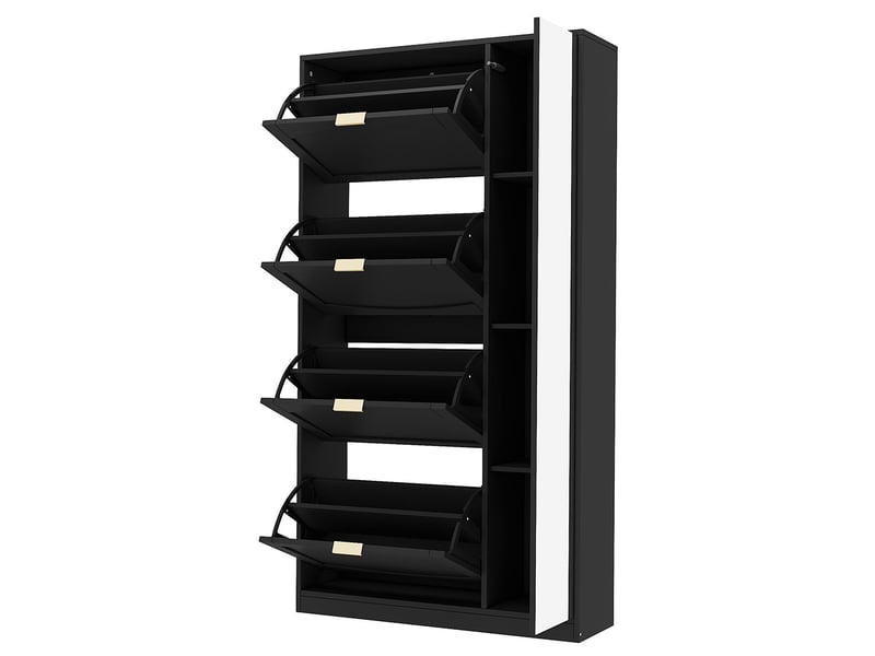 Meuble à chaussures moderne miroir 4 compartiments rangement rabattables étagère réglable derrière miroir droit couloir noir l80h147p24 cm  - Conforama E