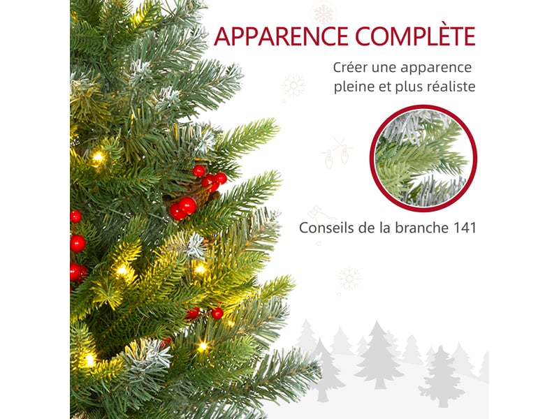  Sapin de noël 60 cm arbre de noël de table avec lumière led, 141 pointes, base en béton, pommes de pin et baies rouges  - Conforama R