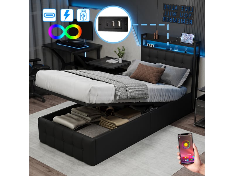Lit coffre 90 x 200 cm ,lit simple rembourré,hydraulique,led,usb et de type c,tête de lit avec rangement,pu,noir - Conforama B