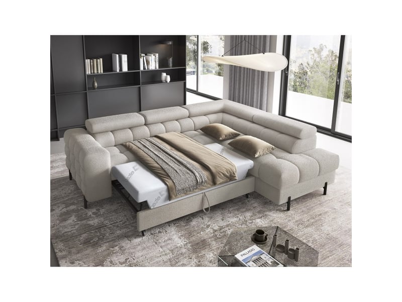 Canapé d'angle droit convertible beige 5 places ferrum avec méridienne 276x93x200cm - Conforama C