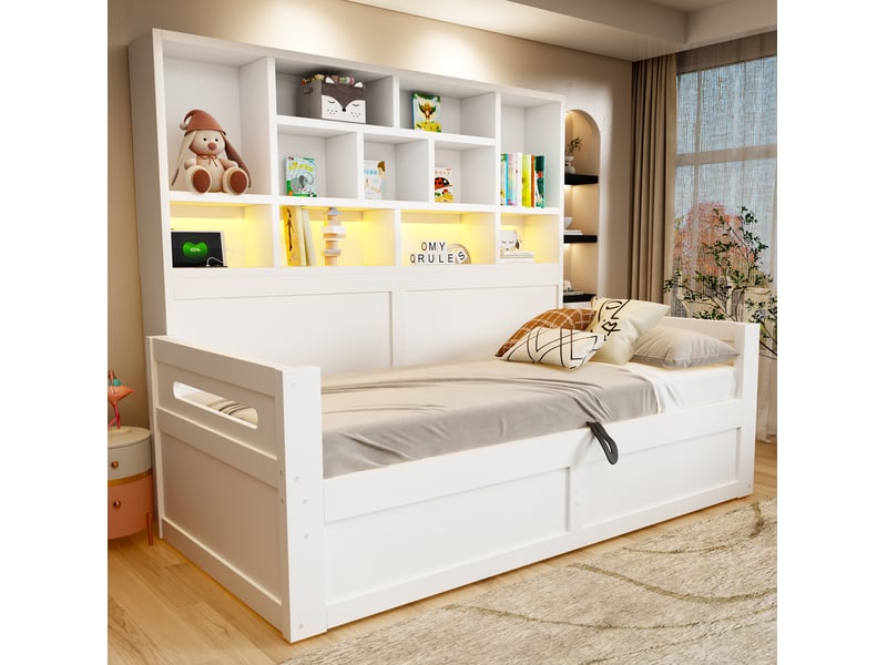  Lit coffre 1 place modenvie 90 x 200 cm avec led, prises et rangement mdf blanc  - Conforama E