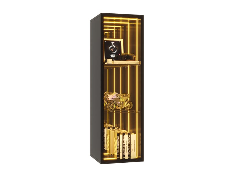  Vitrine en verre noir 30x30x90 cm avec éclairage led et fond miroir, 3 étagères  - Conforama A