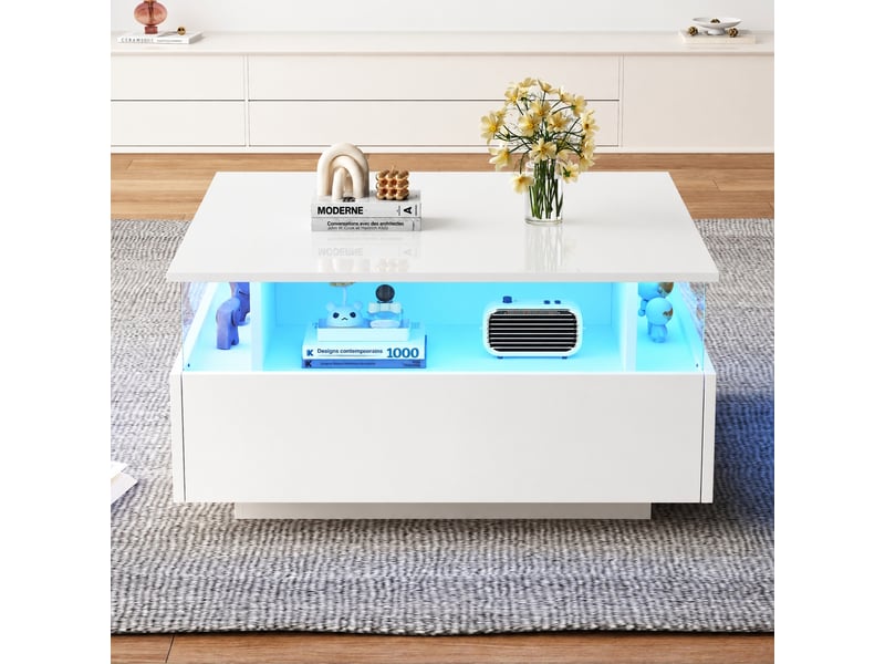 Table basse led blanche avec 2 tiroirs, vitrine acrylique, plateau brillant, 70 x 70 x 41 cm, blanc  - Conforama B