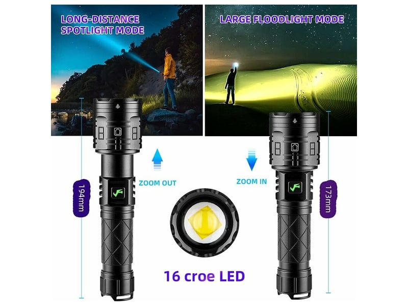  Lampe torche led ultra puissante, 15000 lumens lampe de poche rechargeable usb avec 5 modes d'éclairage, torches zoomables étanche ipx5 (batterie 2665  - Conforama C