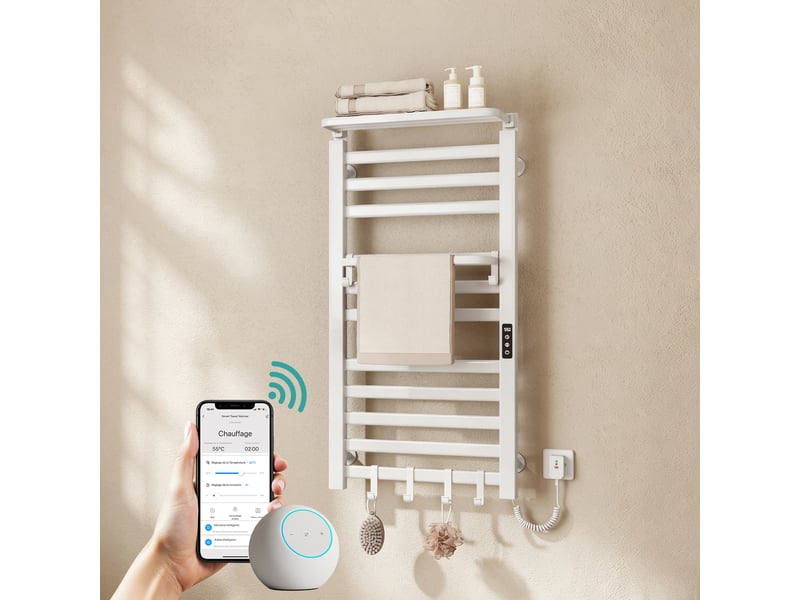  Sèche-serviettes électrique connecté wifi emke 1000x500 mm avec étagère pliable, écran led, programmable, 280 w, blanc brillant  - Conforama B