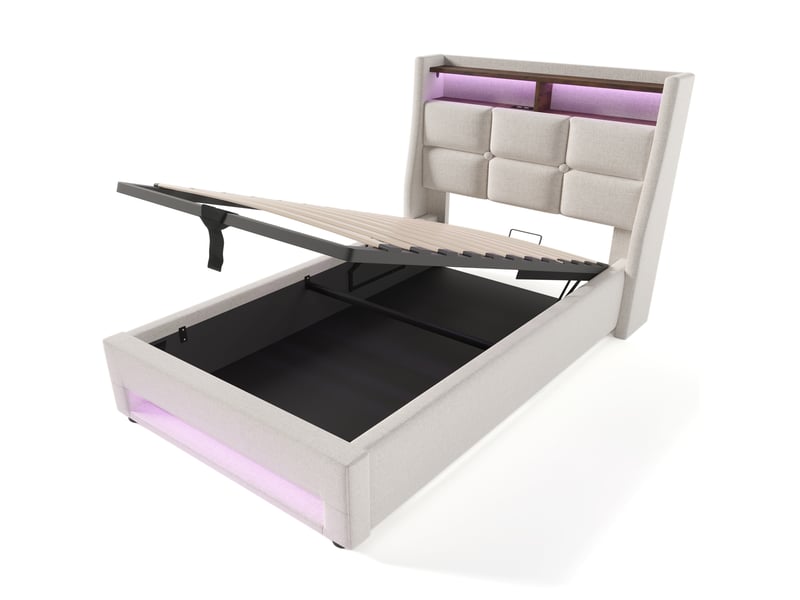  Lit 1 place 90x200cm, lit coffre avec led, espace de rangement, tête de lit et sommier, charge, lin beige, sans matelas  - Conforama W