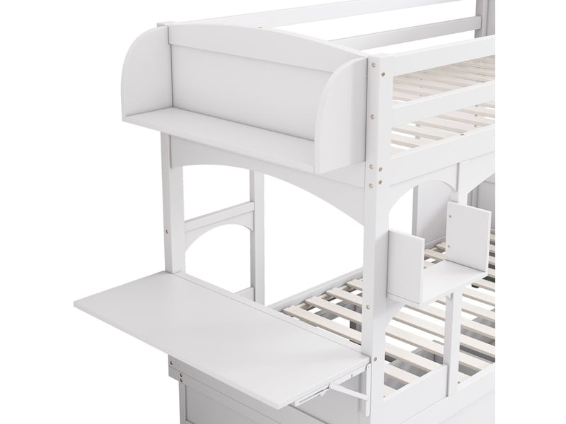  Lit superposé enfant - 90x200 cm - avec bureau pliable et 2 tiroirs - lit superposé - multifonction, étagères, bois massif, blanc  - Conforama D