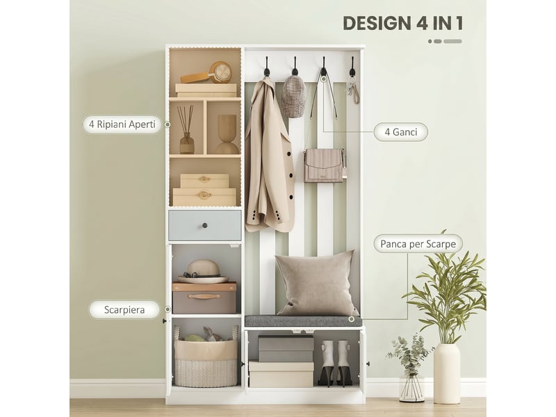 Porte-manteau 180 cm avec banc chaussures, 4 en 1, étagère réglable, 4 crochets, compartiments ouverts, entrée salon, blanc - Conforama E