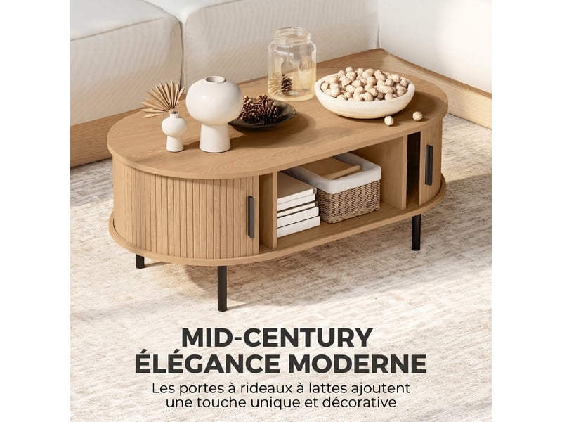  Table basse ovale en bois, table de salon moderne avec portes coulissantes et rangement caché, bois naturel, 100x55x40cm  - Conforama D