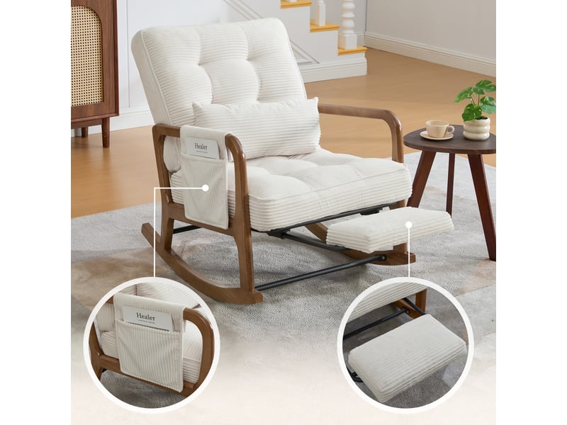  Fauteuil à bascule de salon 70x80x92cm – rocking chair avec repose-pieds rétractable, dossier inclinable et oreiller lombaire – velours côtelé - beige  - Conforama D