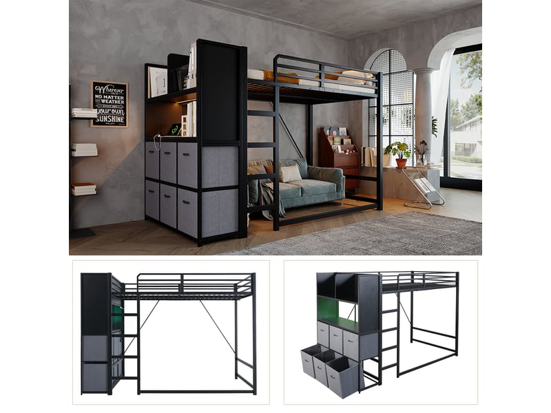  Lit mezzanine 120 x 200 cm en métal, échelle, rangements latéraux, tiroirs en tissu, éclairage, station de charge, noir evarich - Conforama D