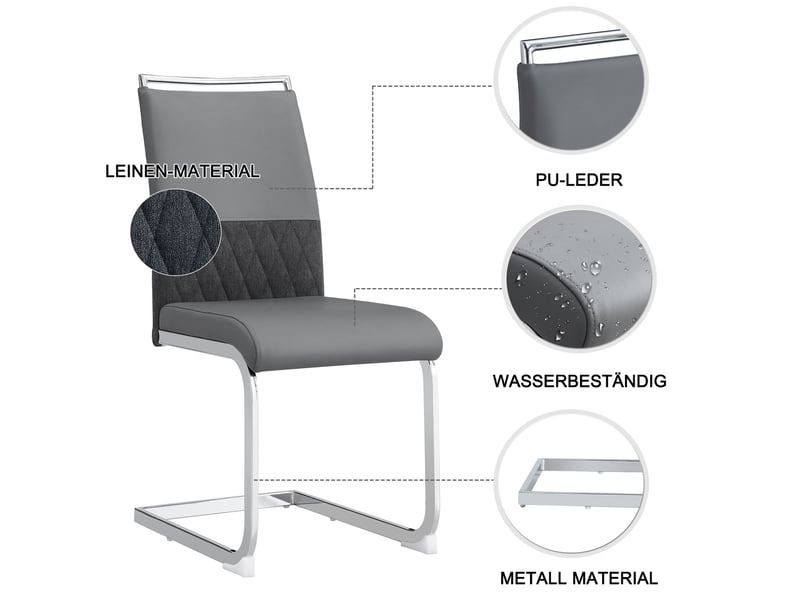 Lot de 4 chaises modernes en cuir synthétique et tissu gris - dossier haut et confortable pour salle à manger - Conforama D