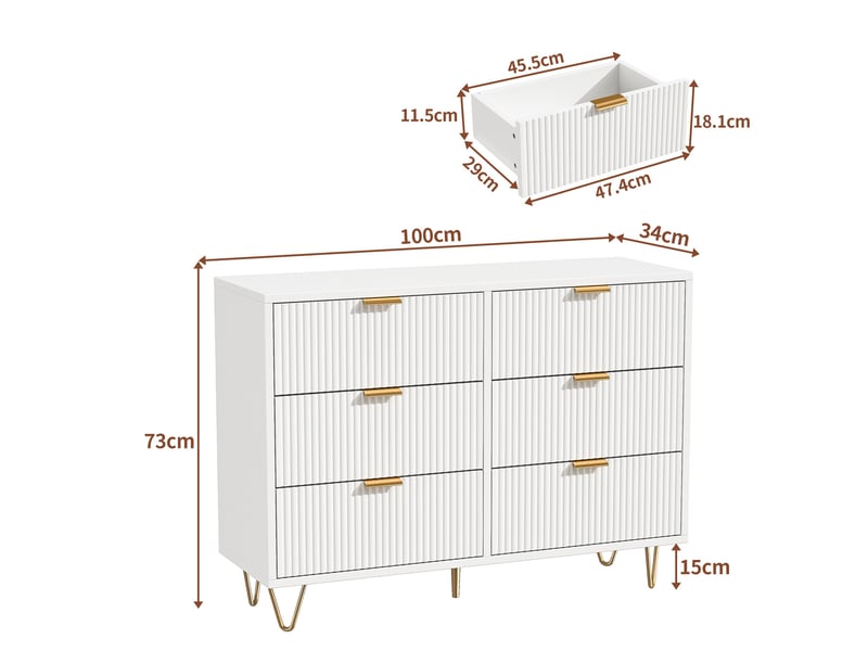 Commode chambre 6 tiroirs, commode blanche, meuble de rangement avec façades texturées et pieds dorés, style moderne, blanc  - Conforama E