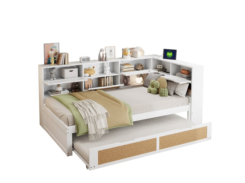  Canapé-lit en bois massif 90x200 cm avec lit gigogne, lit enfant avec port de recharge, lit 1 personne, blanc  - Conforama B