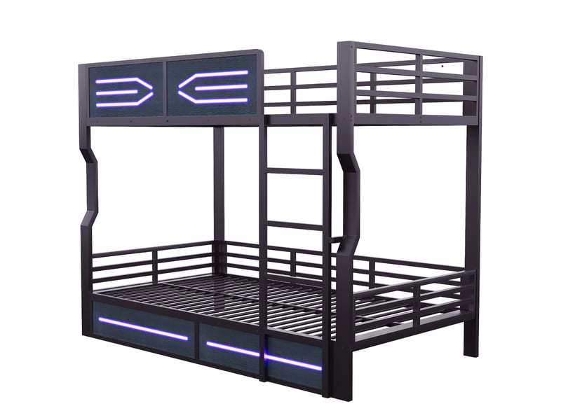 Lit superposé 2 places 140x200 cm avec led - lit adolescent - barrière de sécurité - cadre métal noir - Conforama R