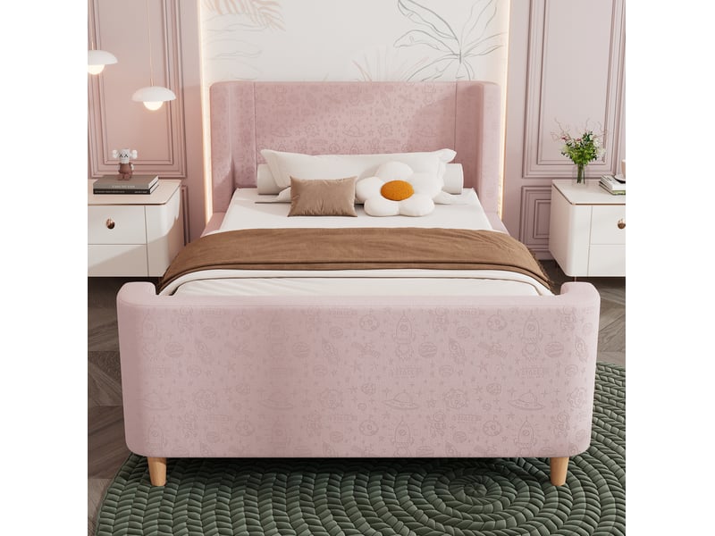 Modenvie lit enfant capitonné 90x200 cm - motif spatial, revêtement velours, sans matelas - rose - Conforama D