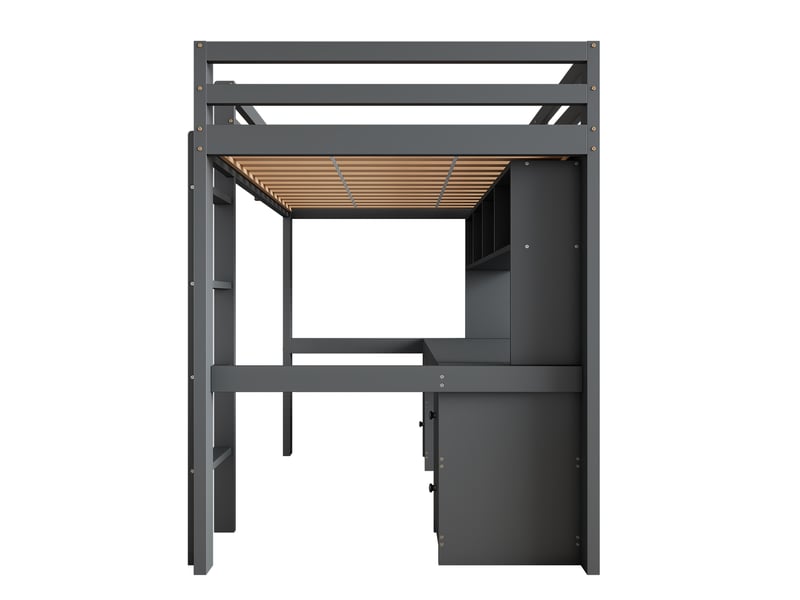 Lit mezzanine enfant avec bureau et grand rangement, garde-corps haut, gris, 90x200 cm - Conforama E