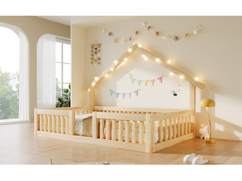 Lit 90x200 cm en bois avec barrière de sécurité et guirlande led couleur bois naturel mdf et pin structure stable 200 kg Sol Morn - Conforama B