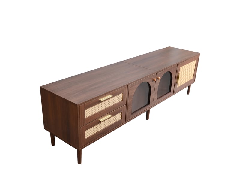  Meuble tv 180 cm pour écran 80 pouces avec led - 2 tiroirs rotin et portes verre  - Conforama W