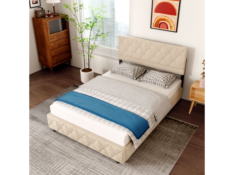  Lit double 140x200 cm avec tête de lit rembourrée beige homvra  - Conforama C
