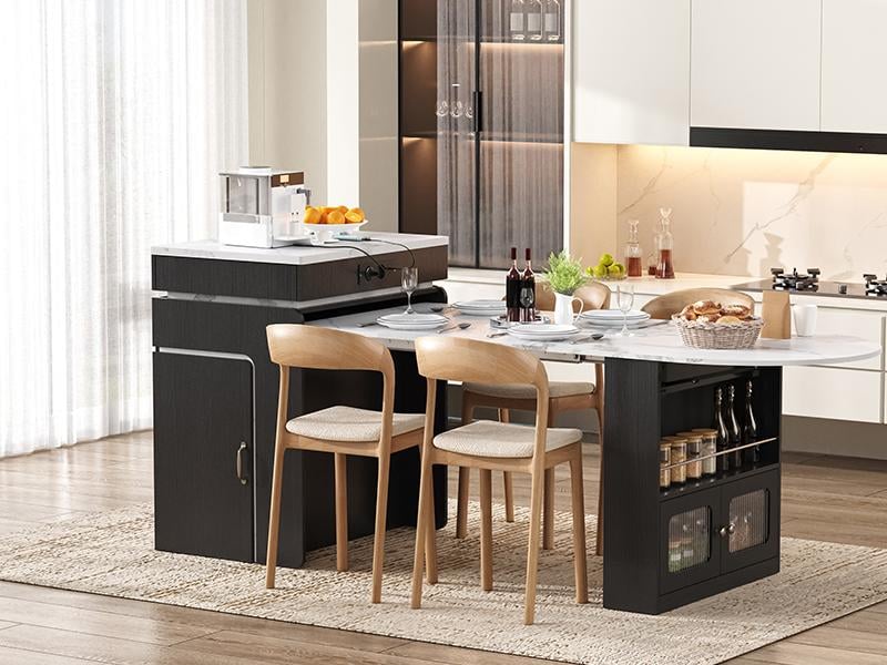 Îlot central cuisine extensible avec table, station de charge &amp; led - meuble de cuisine multifonctionnel en mdf et pb avec rangements  - Conforama B