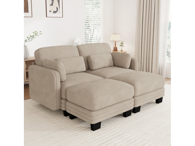  Canapé modulable 2 places 176x143x88 cm avec 2 poufs en chenille beige clair  - Conforama D