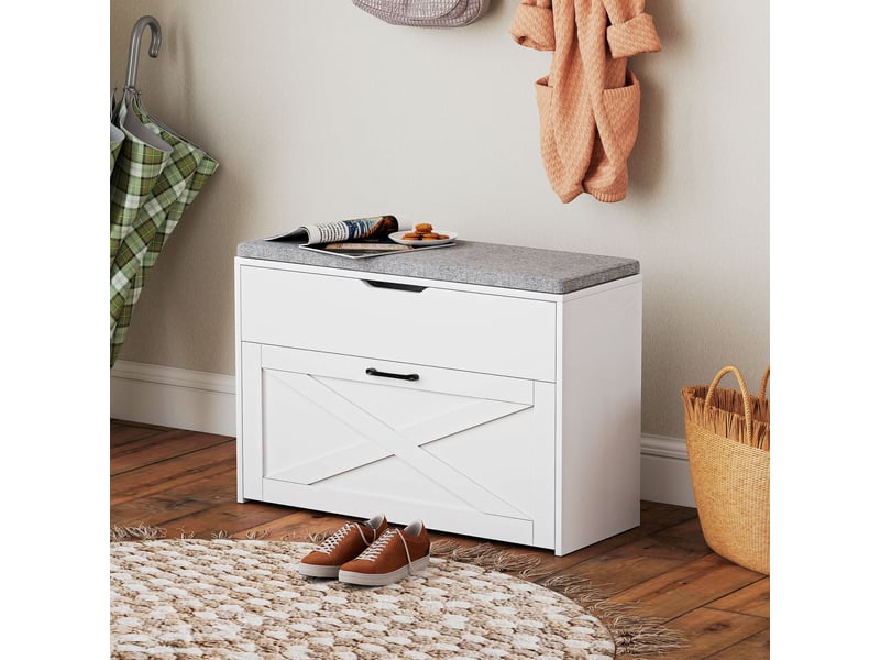  Banc à chaussures avec tiroir pliable et rangement, capacité de 6 paires de chaussures, 80 x 30 x 55 cm, blanc  - Conforama D