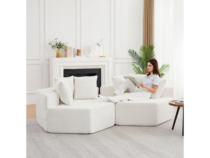  Fauteuil simple - 122x138x76cm -  modulables en chenille bouclée avec 6 coussins &amp; ressorts ensachés - blanc  - Conforama C