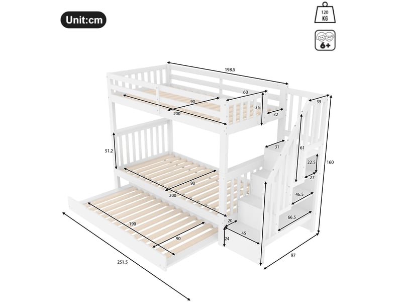  Lit superposé enfant 90x200 cm avec lit gigogne et escalier de rangement blanc  - Conforama C
