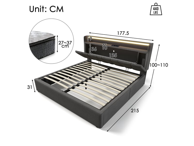  Lit coffre 160x200 gris en tissu avec tête de lit led, usb et type c, rangement pratique pour chambre moderne  - Conforama C
