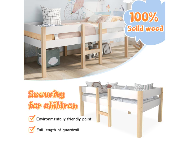  Lit enfant 90x200 cm avec protection antichute, lit simple en pin de haute qualité et offre pin massif, blanc, lit mi-hauteur  - Conforama R