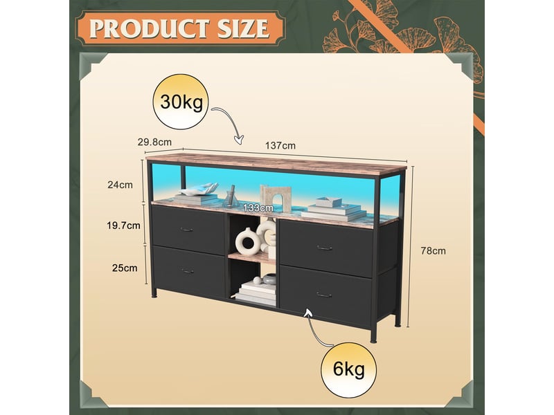 Meuble tv led 137x30x78cm - multifonctionnel - 4 tiroirs en tissu noir et étagères ouvertes - combinaison rétro et modernes - Conforama E