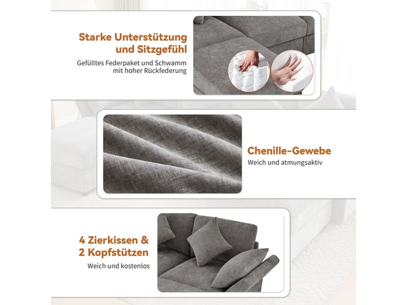 Canapé d'angle 4 places en chenille gris avec 2 poufs et accoudoirs réglables 90 120 180 degrés - Conforama D