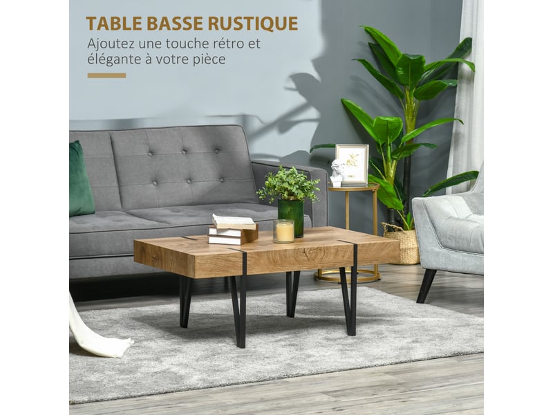  Table basse rectangulaire style industriel piètement épingle métal noir plateau aspect bastaing ancien bois  - Conforama D