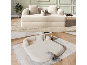 Canapé convertible 2 places en velours côtelé beige clair, avec accoudoir central amovible, 2 coussins et sans montage