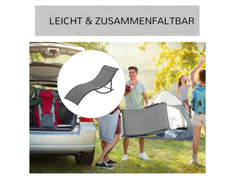 2 transats de jardin gris foncé, pliables, ergonomiques, aluminium, textilène, 165 x 61 x 63 cm - Conforama E