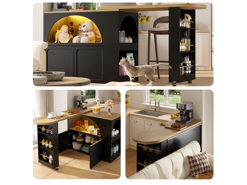  Table de bar extensible mobile 135-205 x 39 x 100 cm avec rangement et led noire  - Conforama D