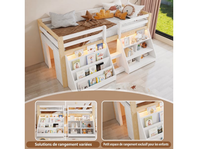 Lit mezzanine enfant 90x200 avec escalier et étagères de rangement, lit enfant avec éclairage led - pin blanc et naturel - Conforama D