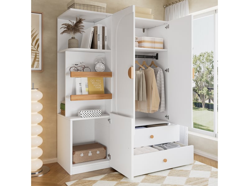  Armoire avec penderie, 2 tiroirs et étagères ouvertes pour chambre et entrée en mdf 125×50×180 cm blanc naturel  - Conforama B