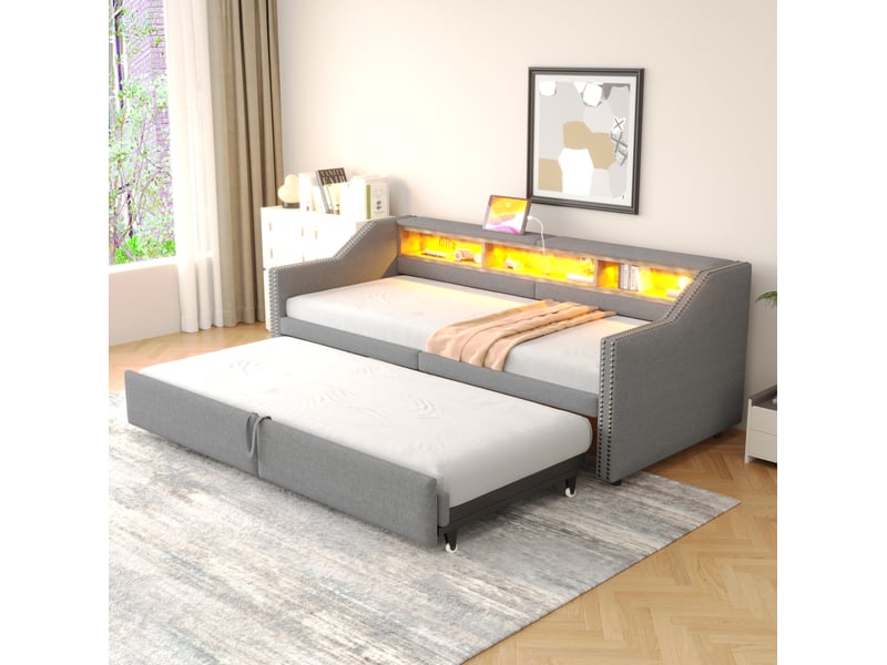  Lit enfant gigogne 90 x 200 cm, rangement latéral led et prise usb, sommier à lattes, tissu lin, gris clair sans matelas  - Conforama D