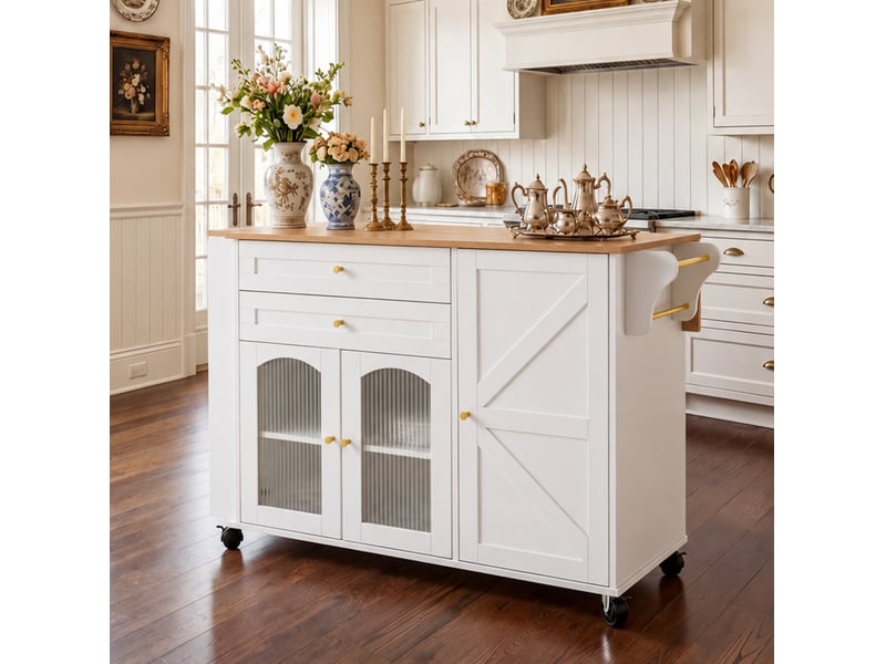  Îlot de cuisine mobile 110 cm blanc et bois clair, plateau rabattable, 2 tiroirs et 3 portes sur roulettes  - Conforama B