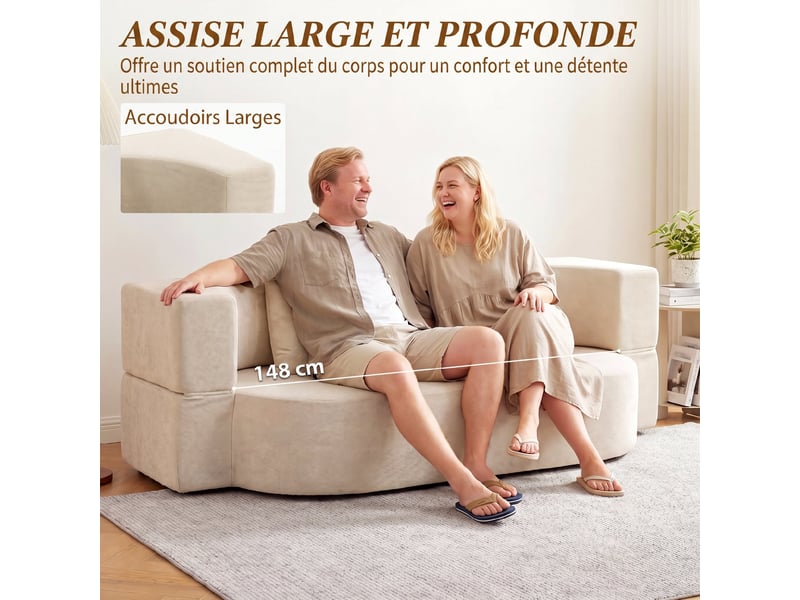 Canapé convertible 2 places, canapé-lit en chenille 190cm, dossier rabattable, beige, assise et accoudoirs larges - Conforama W