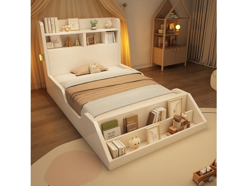  Lit simple 90x200 cm avec veilleuses et rangements en bois blanc  - Conforama C