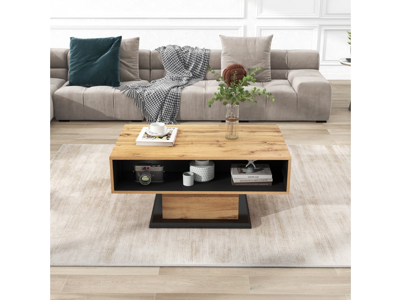 Table basse 100x60x47 cm avec tiroir sans poignée et rangements double face, panneaux de particules mélaminés, bois et anthracite ABC - Conforama D