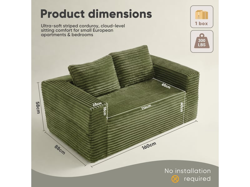  Canapé droit 2 places en velours côtelé vert, 160 x 88 x 58 cm, sans montage, livré compressé, pour le salon, mousse haute densité, format compact CARDUME ESTIVAL - Conforama C