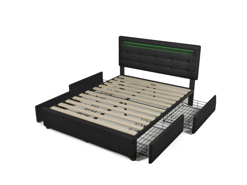 Lit 140x200 cm avec tête de lit led réglable, 4 tiroirs, sommier bois capitonné noir, sans matelas - Conforama A