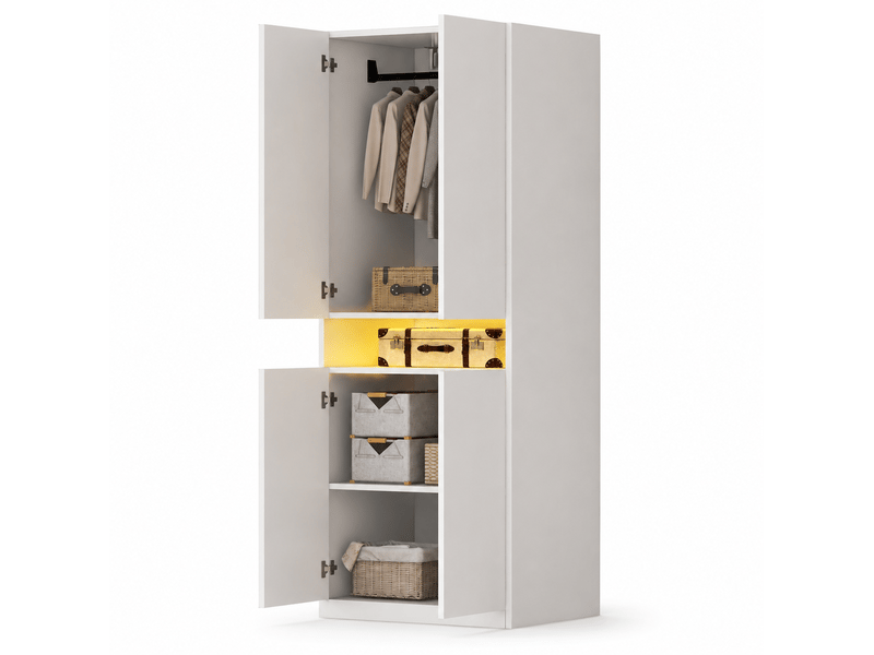  Armoire 2 portes avec niche éclairée par led et penderie, rangement pour chambre, blanche, 70 × 55 × 180 cm  - Conforama A
