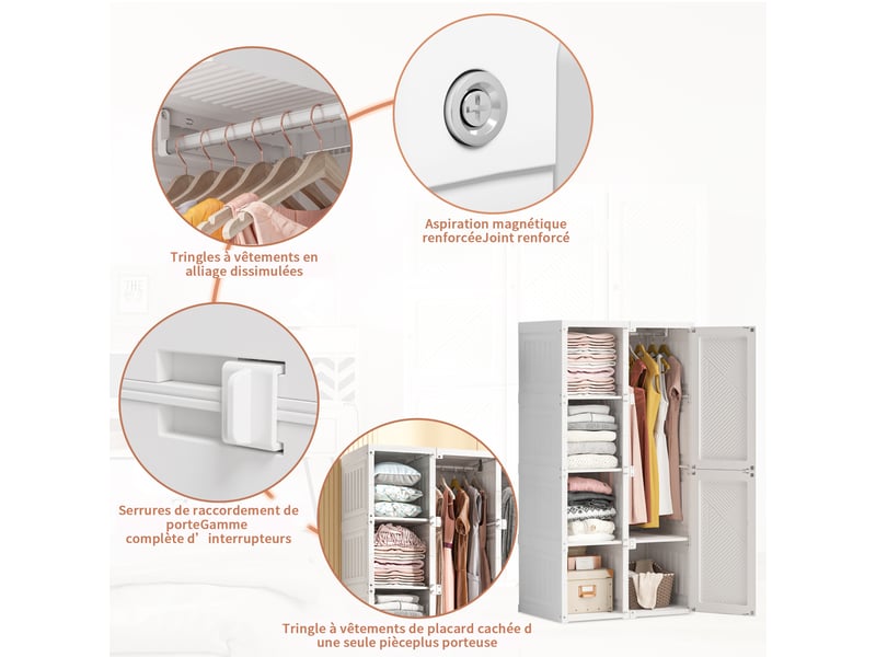 Armoire de chambre rangement ,armoire portable, 6 portes, armoire pliable,1 tringle ,blanc, 69 x 50 x 136 cm - Conforama D